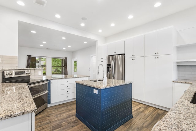 1970 Pointe Royale Dr, Branson, MO 65616 - kitchen with stainless steel appliances, a sink, dark wood-style floors, light stone countertops, and recessed lighting
