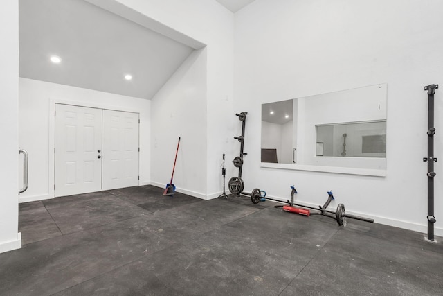 1970 Pointe Royale Dr, Branson, MO 65616 - workout room with baseboards, lofted ceiling, and recessed lighting