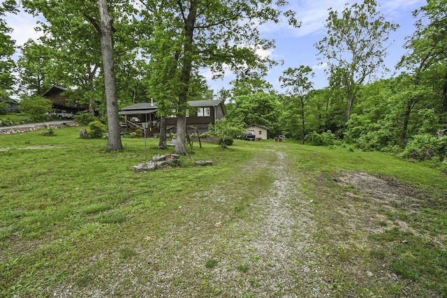 view of grassy yard with dirt driveway