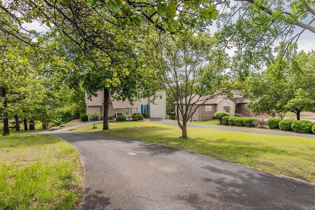obstructed view of property with a front lawn