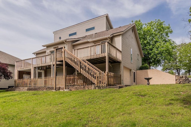 back of house with a wooden deck, a lawn, and stairs