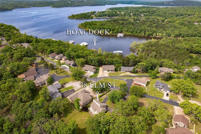 aerial perspective of suburban area with a large body of water and a heavily wooded area