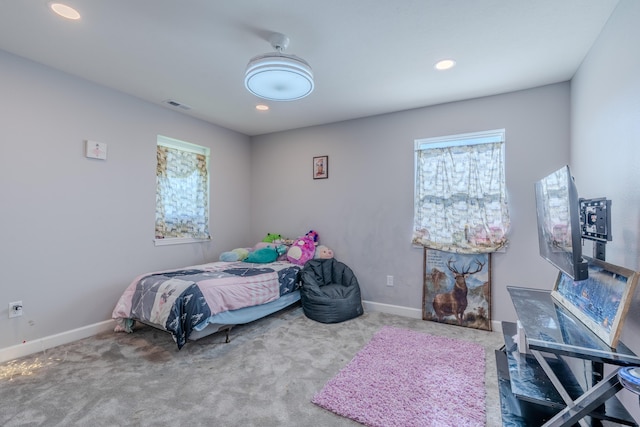 bedroom featuring baseboards, carpet floors, and recessed lighting