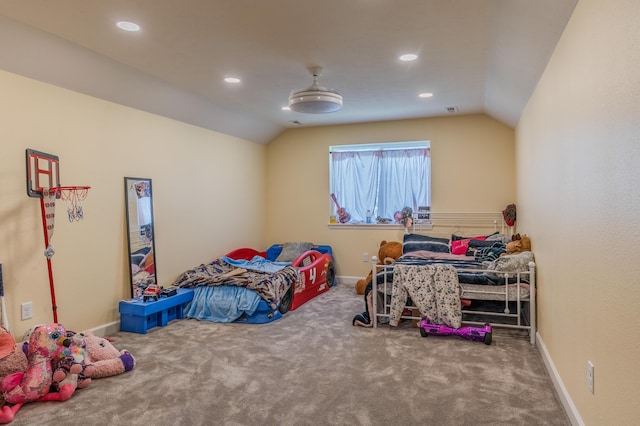 bedroom with lofted ceiling, carpet flooring, baseboards, and recessed lighting