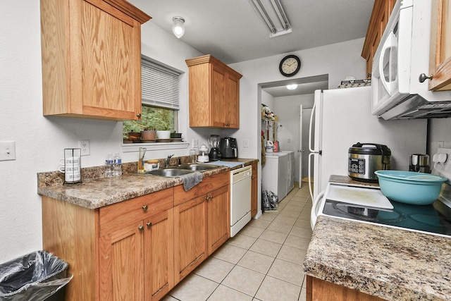 1292 Hillcrest Pl Unit A & B, Branson, MO 65616 - kitchen with white appliances, a sink, light tile patterned flooring, washer / clothes dryer, and brown cabinets