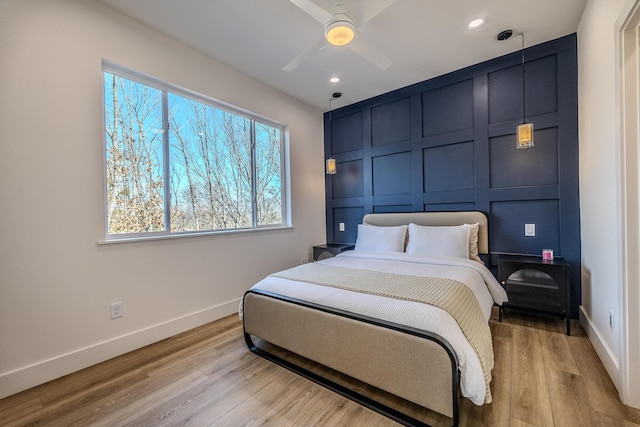 139 Cherokee Dr, Kimberling City, MO 65686 - bedroom featuring baseboards, light wood-style floors, recessed lighting, and ceiling fan
