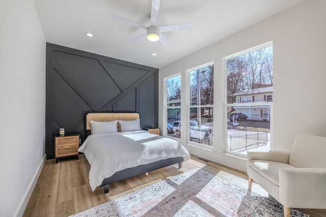 139 Cherokee Dr, Kimberling City, MO 65686 - bedroom featuring light wood finished floors, baseboards, recessed lighting, and a ceiling fan