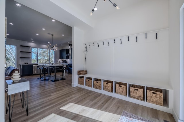139 Cherokee Dr, Kimberling City, MO 65686 - mudroom featuring wood finished floors, a chandelier, and recessed lighting