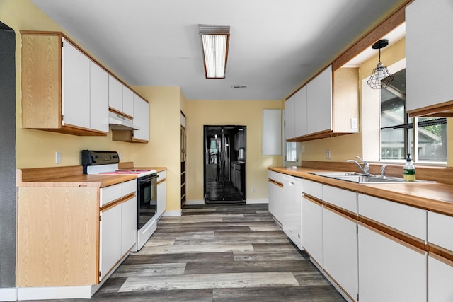 kitchen with range with electric cooktop, black fridge with ice dispenser, a sink, white dishwasher, and dark wood-style floors