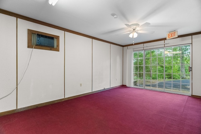 spare room with ceiling fan, carpet flooring, and an AC wall unit