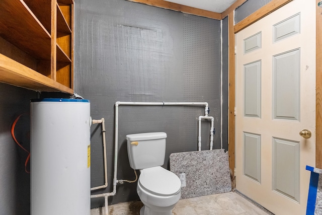 bathroom featuring gas water heater, unfinished concrete floors, and toilet