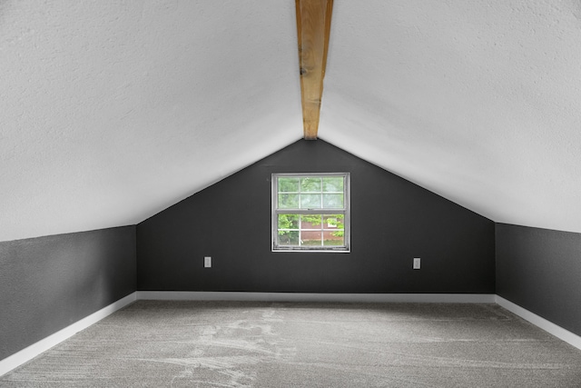 additional living space with carpet, lofted ceiling, a textured ceiling, and baseboards