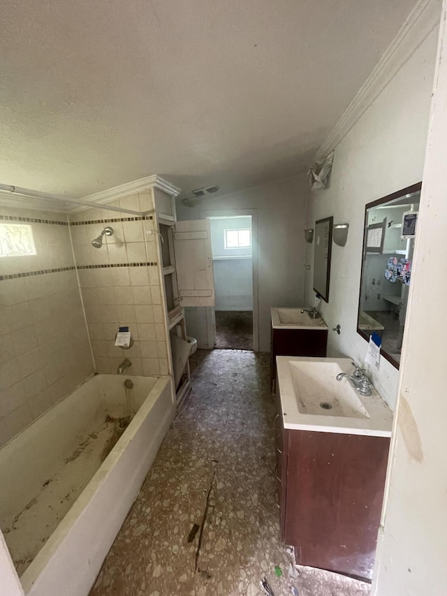 421 N Phelps St, Mansfield, MO 65704 - full bathroom featuring ornamental molding, vanity, and shower / bathtub combination