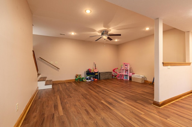 143 Woodfield Dr, Highlandville, MO 65669 - rec room with ceiling fan, wood finished floors, baseboards, and recessed lighting