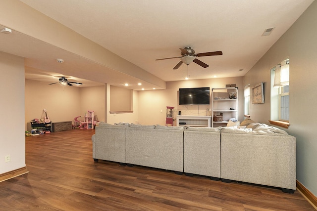 143 Woodfield Dr, Highlandville, MO 65669 - living area featuring ceiling fan, dark wood-type flooring, baseboards, and recessed lighting
