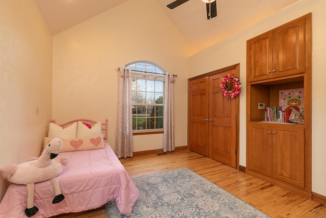 143 Woodfield Dr, Highlandville, MO 65669 - bedroom featuring light wood-style flooring, ceiling fan, high vaulted ceiling, and baseboards