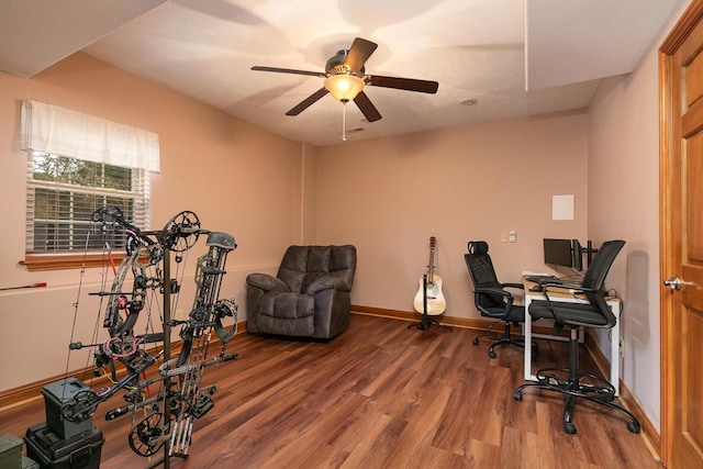 143 Woodfield Dr, Highlandville, MO 65669 - office area with wood finished floors, baseboards, and a ceiling fan