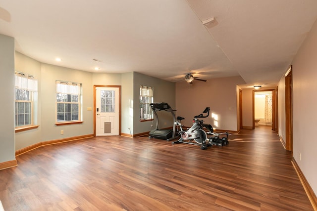 143 Woodfield Dr, Highlandville, MO 65669 - exercise area featuring wood finished floors, ceiling fan, baseboards, and recessed lighting