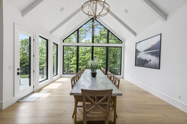 273 Secret Ln, Branson West, MO 65737 - dining space with a chandelier, beam ceiling, light wood-type flooring, high vaulted ceiling, and baseboards