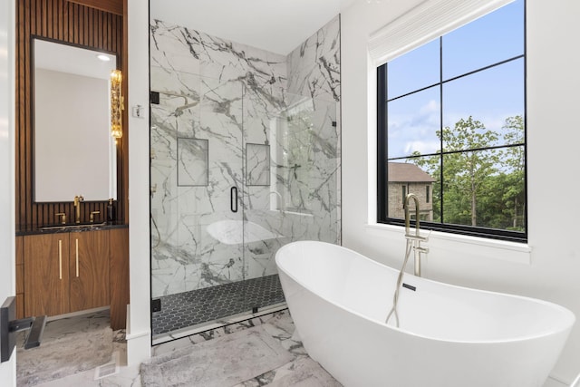 273 Secret Ln, Branson West, MO 65737 - bathroom with marble tiled floors, a sink, a marble finish shower, and a soaking tub