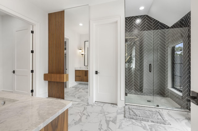 273 Secret Ln, Branson West, MO 65737 - full bath featuring marble finish floors, a shower stall, vanity, recessed lighting, and lofted ceiling