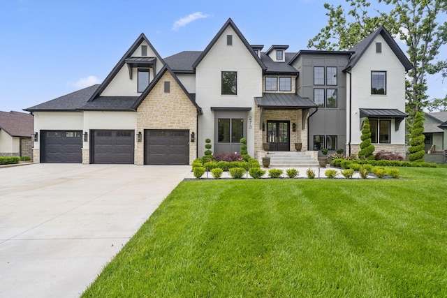 273 Secret Ln, Branson West, MO 65737 - view of front facade featuring stucco siding, a standing seam roof, a front yard, and stone siding