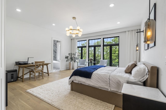 273 Secret Ln, Branson West, MO 65737 - bedroom featuring a chandelier, light wood-type flooring, and recessed lighting