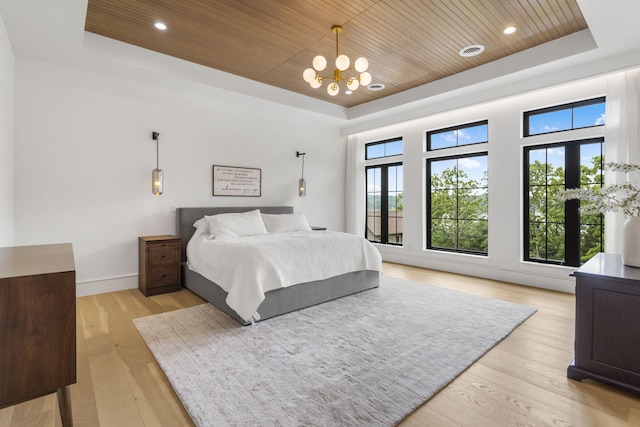 273 Secret Ln, Branson West, MO 65737 - bedroom featuring a tray ceiling, wooden ceiling, a chandelier, light wood-type flooring, and baseboards