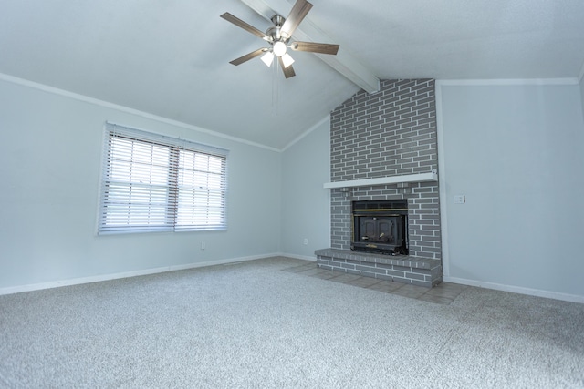 unfurnished living room featuring carpet, a ceiling fan, baseboards, and a brick fireplace