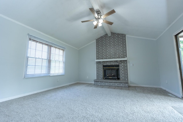 unfurnished living room featuring carpet flooring, a ceiling fan, a fireplace, ornamental molding, and baseboards