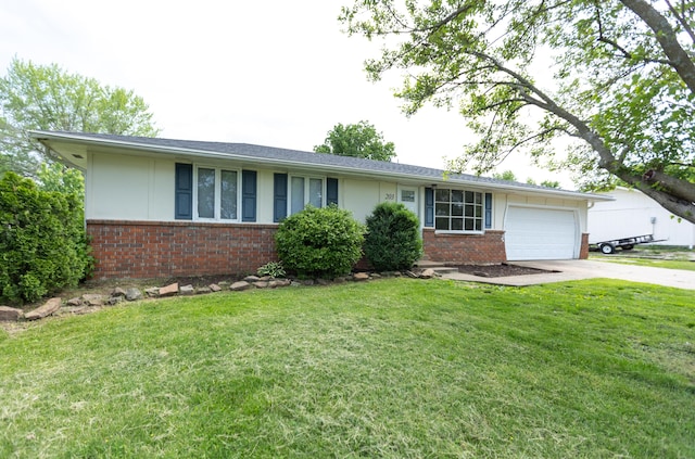 single story home featuring brick siding, concrete driveway, an attached garage, and a front yard