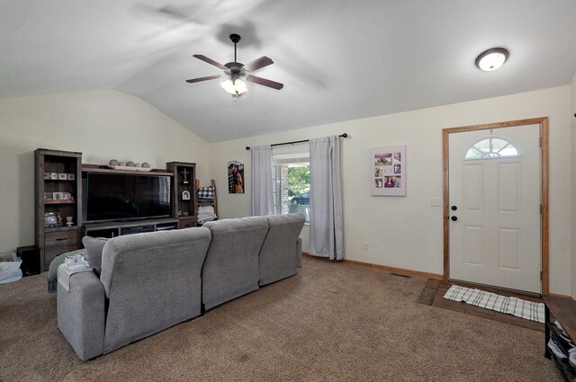 311 W Hayes Rd, Clever, MO 65631 - living area featuring vaulted ceiling, carpet, a ceiling fan, and baseboards