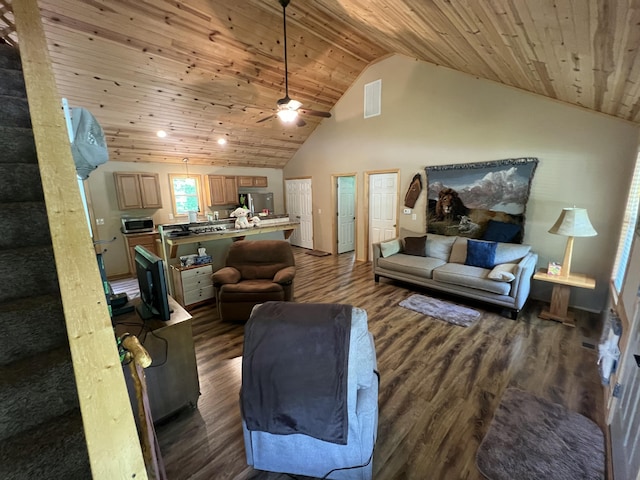 941 Peace In The Valley Rd, Blue Eye, MO 65611 - living room with wood ceiling, dark wood-style floors, ceiling fan, and high vaulted ceiling