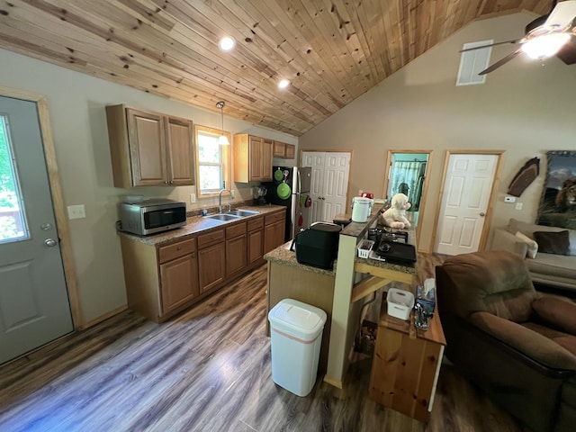 941 Peace In The Valley Rd, Blue Eye, MO 65611 - kitchen featuring stainless steel appliances, a sink, vaulted ceiling, a ceiling fan, and wood finished floors