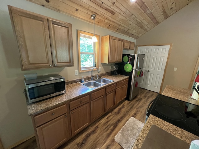 941 Peace In The Valley Rd, Blue Eye, MO 65611 - kitchen with appliances with stainless steel finishes, a sink, dark wood finished floors, wood ceiling, and lofted ceiling