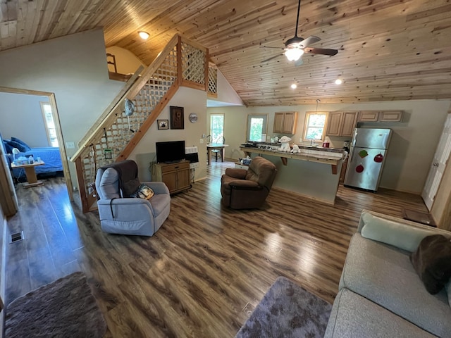 941 Peace In The Valley Rd, Blue Eye, MO 65611 - living area with stairway, dark wood finished floors, wooden ceiling, a ceiling fan, and recessed lighting