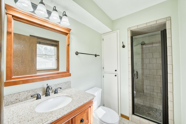 4852 S Charleston Ave, Springfield, MO 65804 - full bathroom with a stall shower, vanity, toilet, and tile patterned flooring