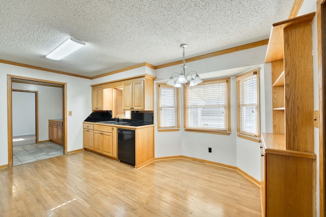 4852 S Charleston Ave, Springfield, MO 65804 - kitchen featuring dishwasher, a chandelier, crown molding, light wood-type flooring, and a textured ceiling