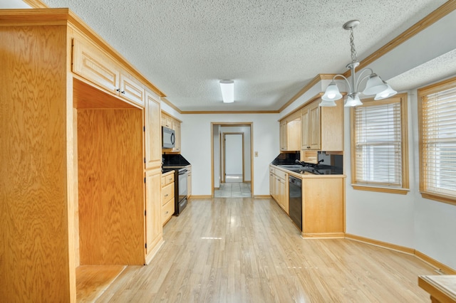 4852 S Charleston Ave, Springfield, MO 65804 - kitchen with black appliances, a textured ceiling, a chandelier, light wood finished floors, and a sink