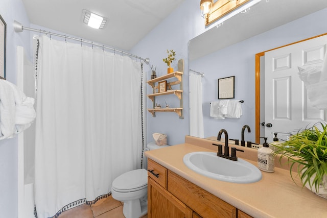 full bath with toilet, tile patterned flooring, vanity, and curtained shower