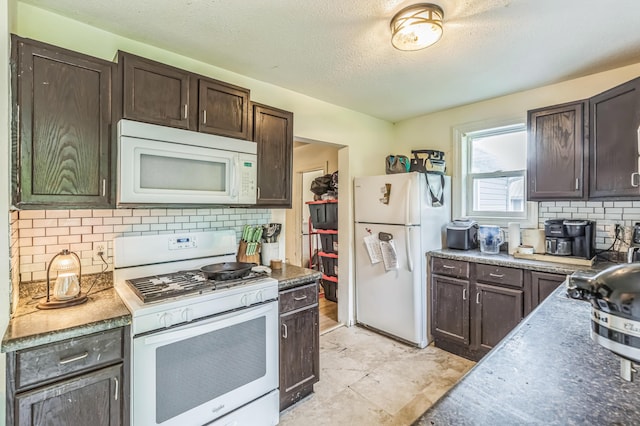 kitchen with white appliances, dark brown cabinetry, backsplash, and a textured ceiling
