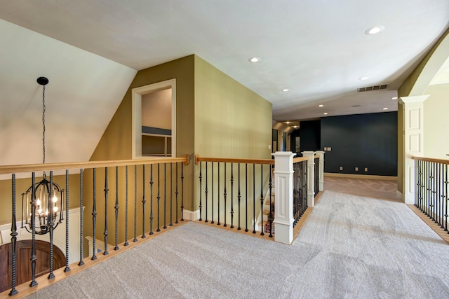 5853 S Northern Ridge Rd, Springfield, MO 65810 - hall featuring carpet, recessed lighting, a chandelier, an upstairs landing, and baseboards