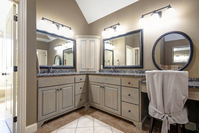 5853 S Northern Ridge Rd, Springfield, MO 65810 - full bath with lofted ceiling, tile patterned floors, and double vanity