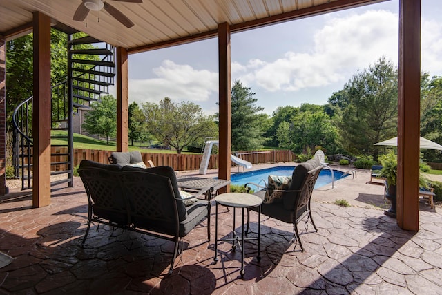 5853 S Northern Ridge Rd, Springfield, MO 65810 - view of patio / terrace with a ceiling fan, stairs, fence, and an outdoor living space