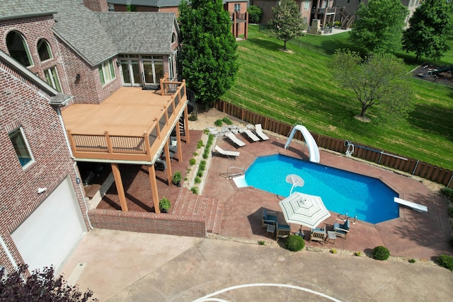 5853 S Northern Ridge Rd, Springfield, MO 65810 - view of pool with a water slide, a deck, a diving board, and a patio area