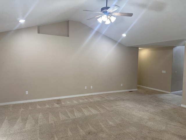 bonus room with carpet flooring, lofted ceiling, baseboards, a ceiling fan, and recessed lighting