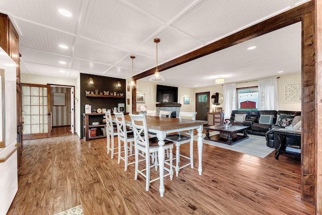340 Greene Rd, Sparta, MO 65753 - dining space featuring wood finished floors, recessed lighting, and beamed ceiling