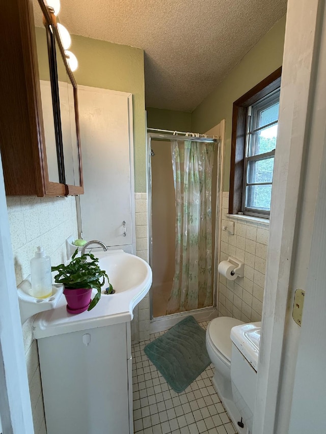 3036 P Hwy, Alton, MO 65606 - full bathroom featuring tile walls, a stall shower, tile patterned flooring, vanity, and a textured ceiling