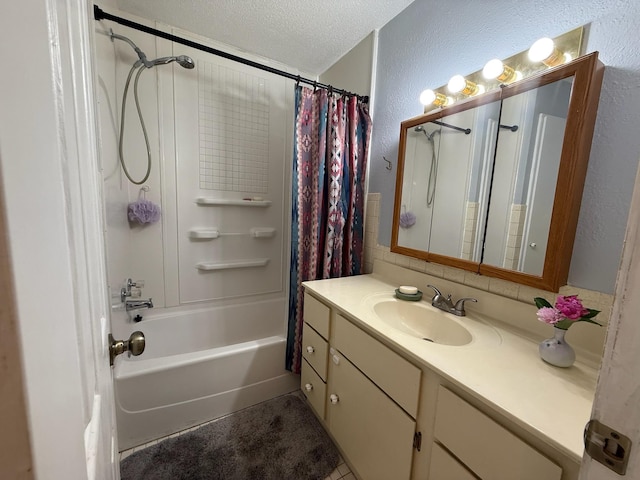 3036 P Hwy, Alton, MO 65606 - bathroom featuring a textured wall, a textured ceiling, vanity, and shower / bathtub combination with curtain