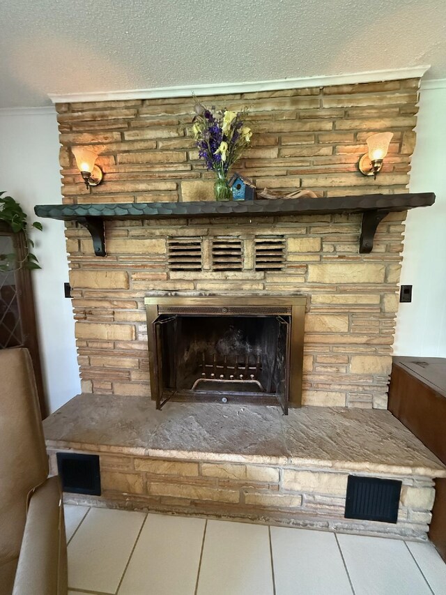3036 P Hwy, Alton, MO 65606 - detailed view of a fireplace, ornamental molding, and a textured ceiling